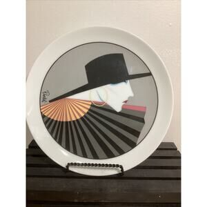 Vintage Roberto Tortoli Art Deco 9” Plate Woman With Hat Gold Accent France